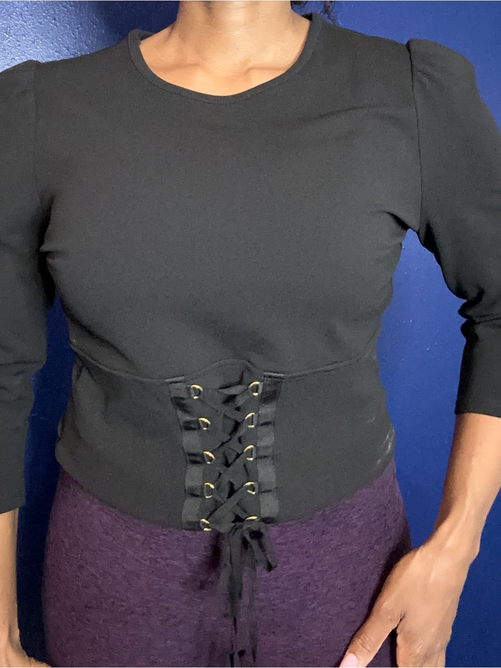 Express Black Corset Style Lace-Up Waist Puff Sleeve Top